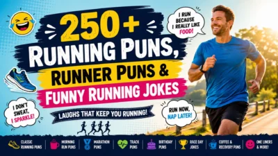 250+ running puns, runner puns, and funny running jokes banner featuring a smiling runner and humorous running quotes