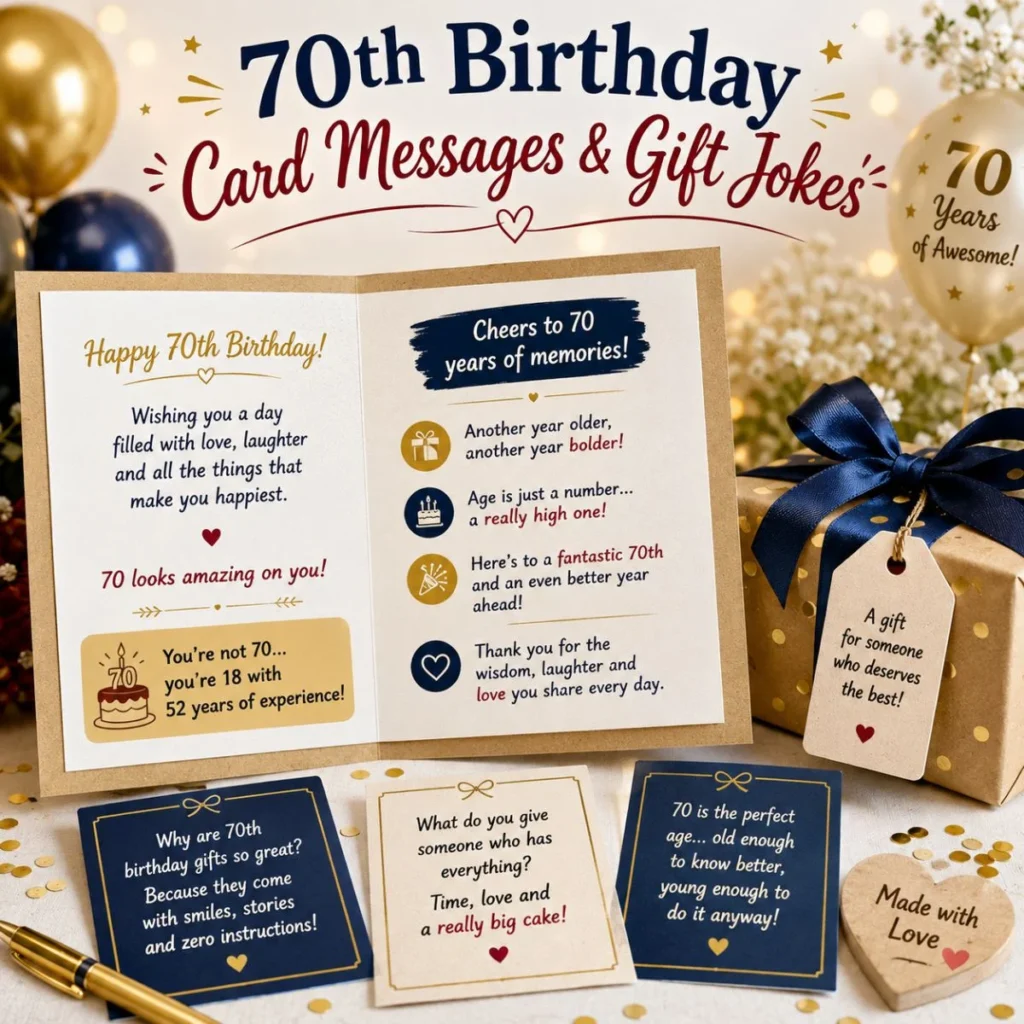 70th birthday card messages and gift jokes with greeting card, wrapped present, balloons, and festive birthday decorations.