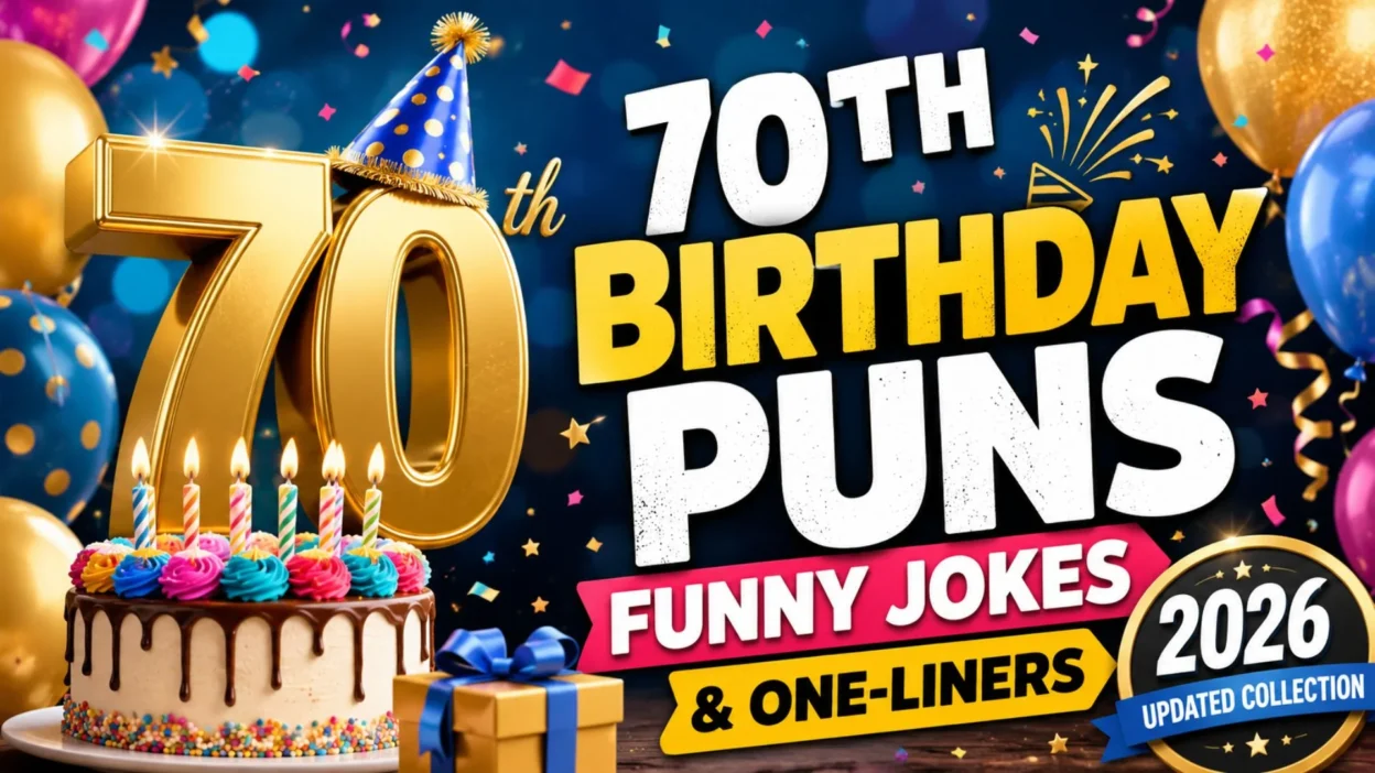70th Birthday Puns with funny jokes, one-liners, birthday cake, balloons, and festive decorations for a joyful 2026 celebration.