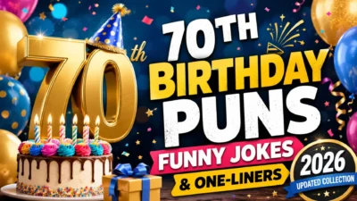70th Birthday Puns with funny jokes, one-liners, birthday cake, balloons, and festive decorations for a joyful 2026 celebration.