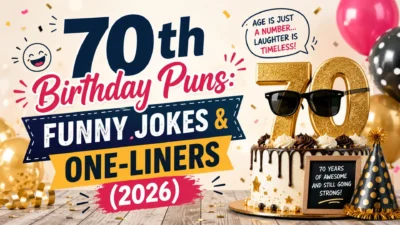 70th birthday puns and funny one-liners celebration image with colorful balloons and party humor