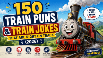 Funny cartoon train thumbnail with “150 Train Puns & Train Jokes That Are Right on Track (2026)” text, featuring a smiling steam locomotive on railway tracks.