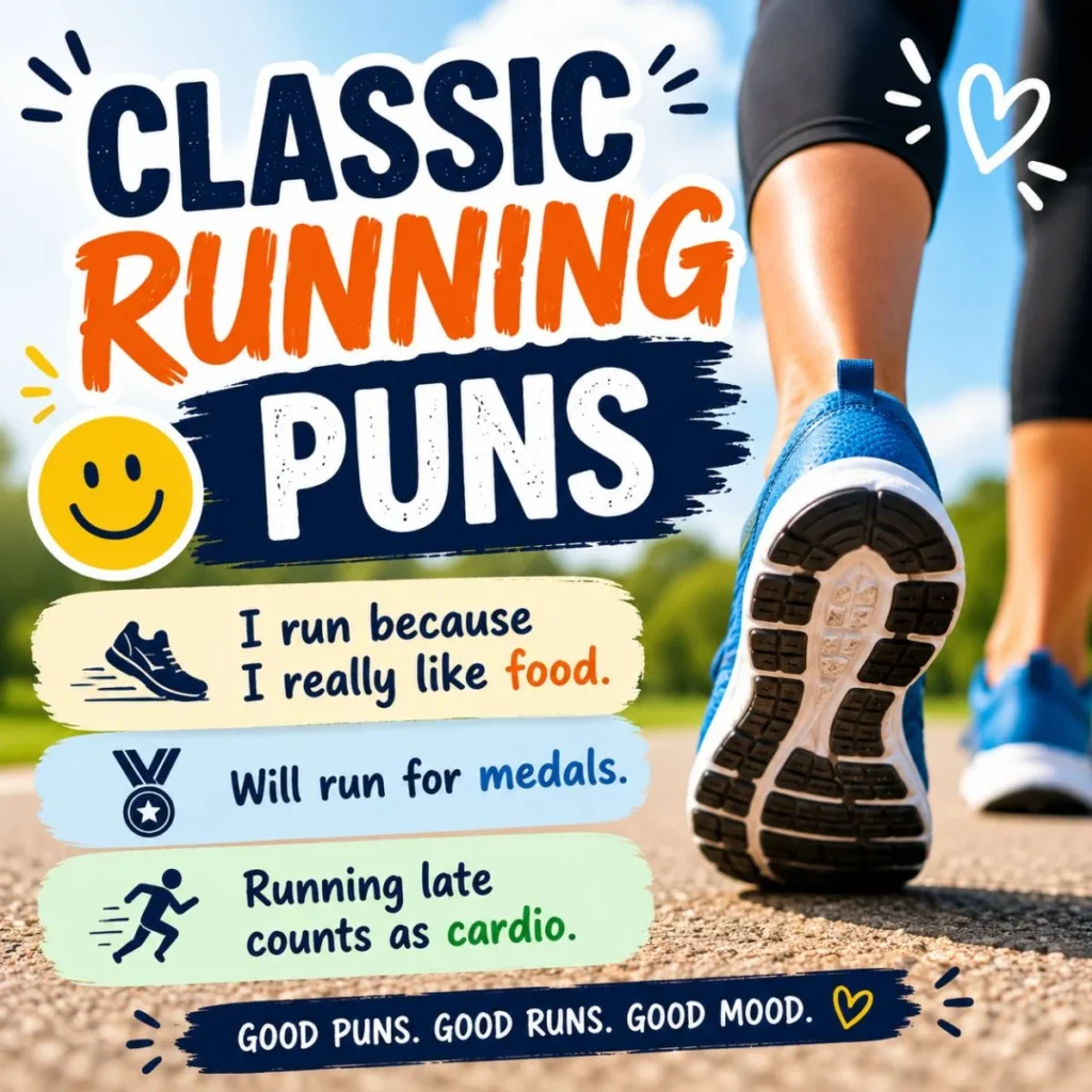 Classic running puns poster with funny runner jokes, colorful quotes, and a smiling runner on a scenic running trail