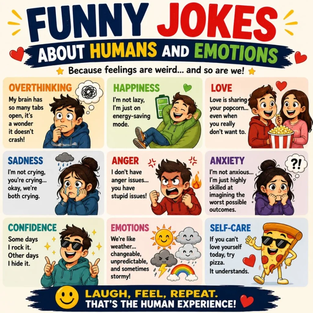 Funny jokes about humans and emotions poster with colorful cartoon characters and relatable emotional humor