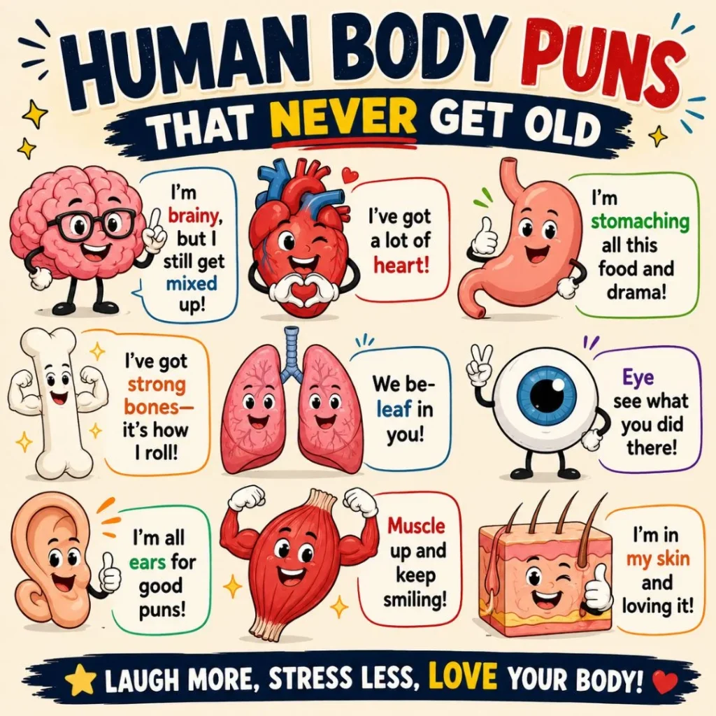 Funny human body puns poster with cartoon organs, playful jokes, and colorful educational humor design