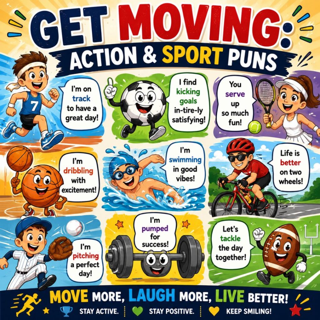 Funny sports puns poster with cartoon athletes, action jokes, and colorful fitness-themed humor design