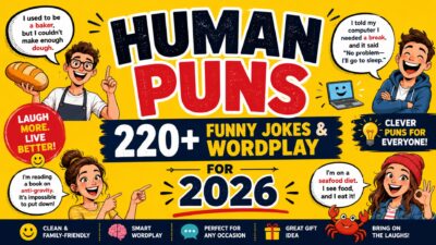 Funny Human Puns 2026 poster with colorful cartoon characters, jokes, and playful wordplay design
