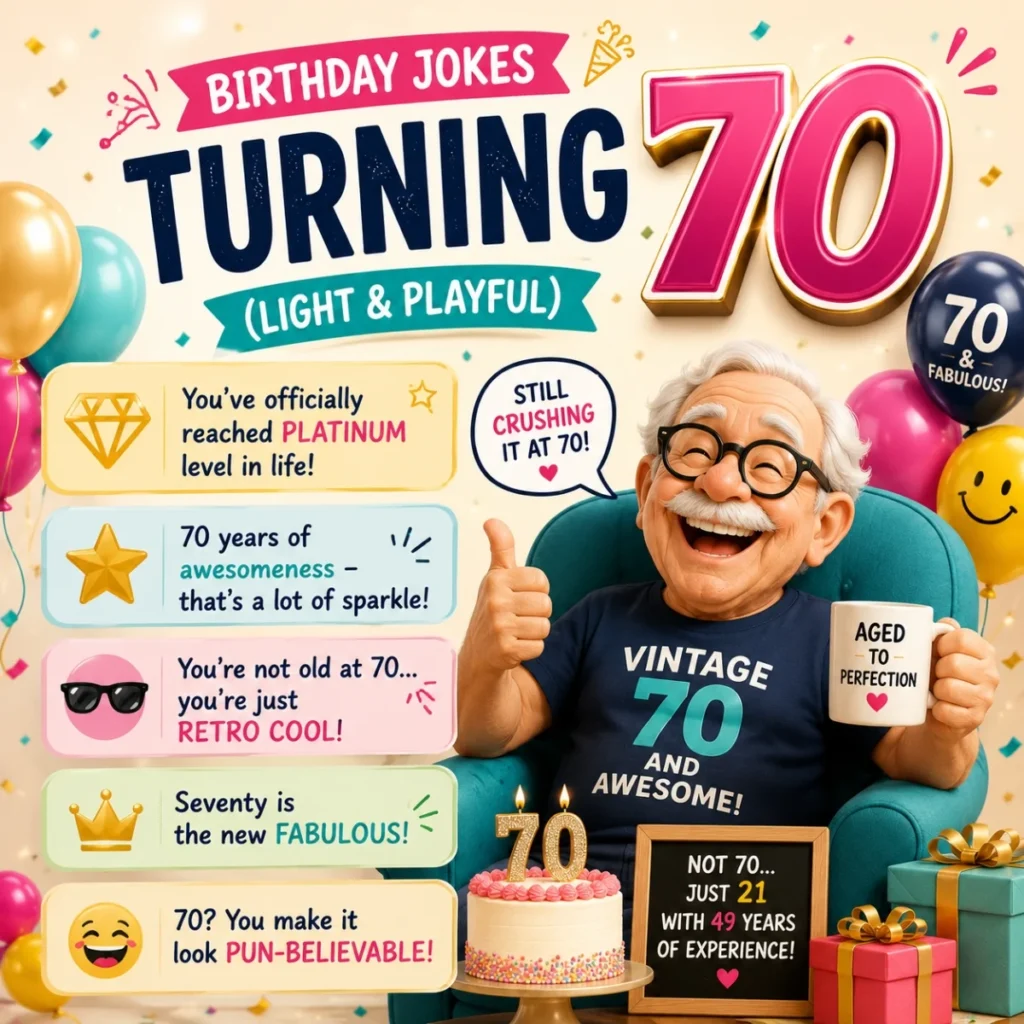 Light and playful birthday jokes turning 70 with colorful party decorations and funny celebration theme