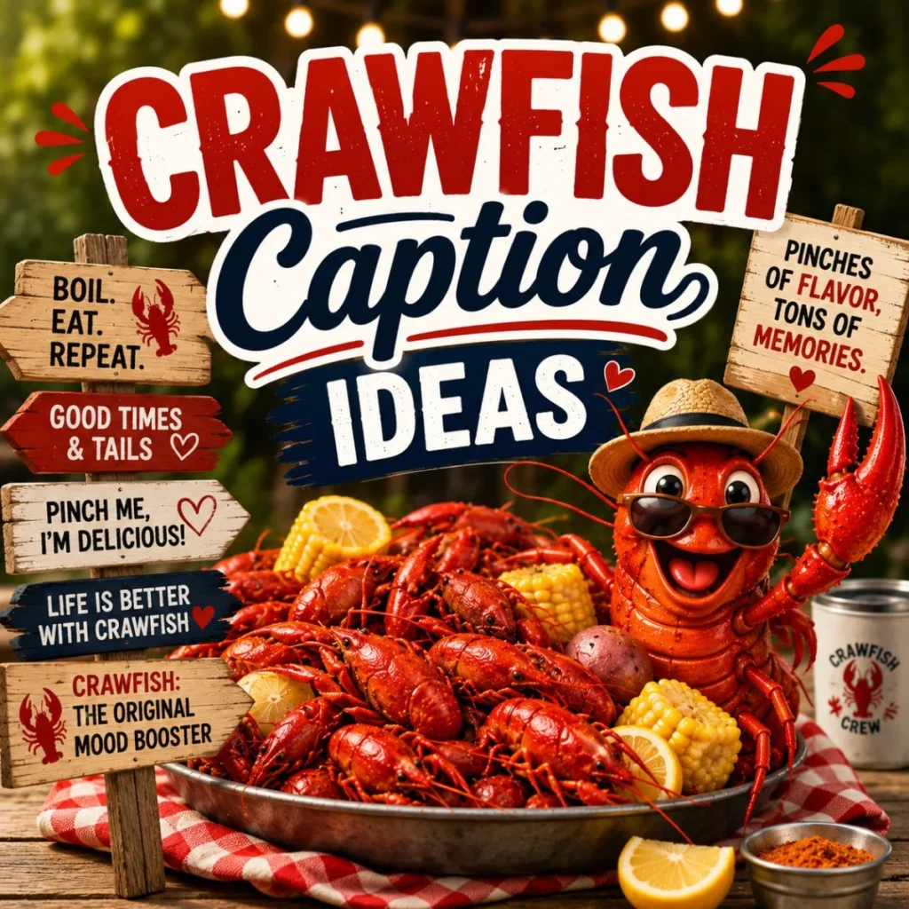 Crawfish caption ideas image with a smiling crawfish, seafood boil, and social media caption signs