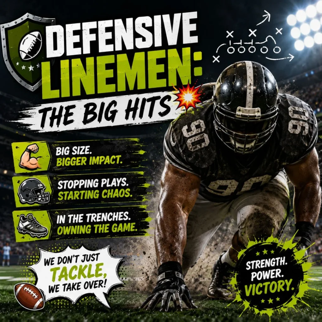 Powerful defensive lineman charging on a football field with stadium lights and bold defensive football graphics