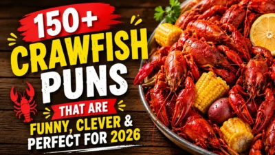 Featured image for 150+ crawfish puns with a crawfish boil, corn, and bold typography for a fun 2026 article