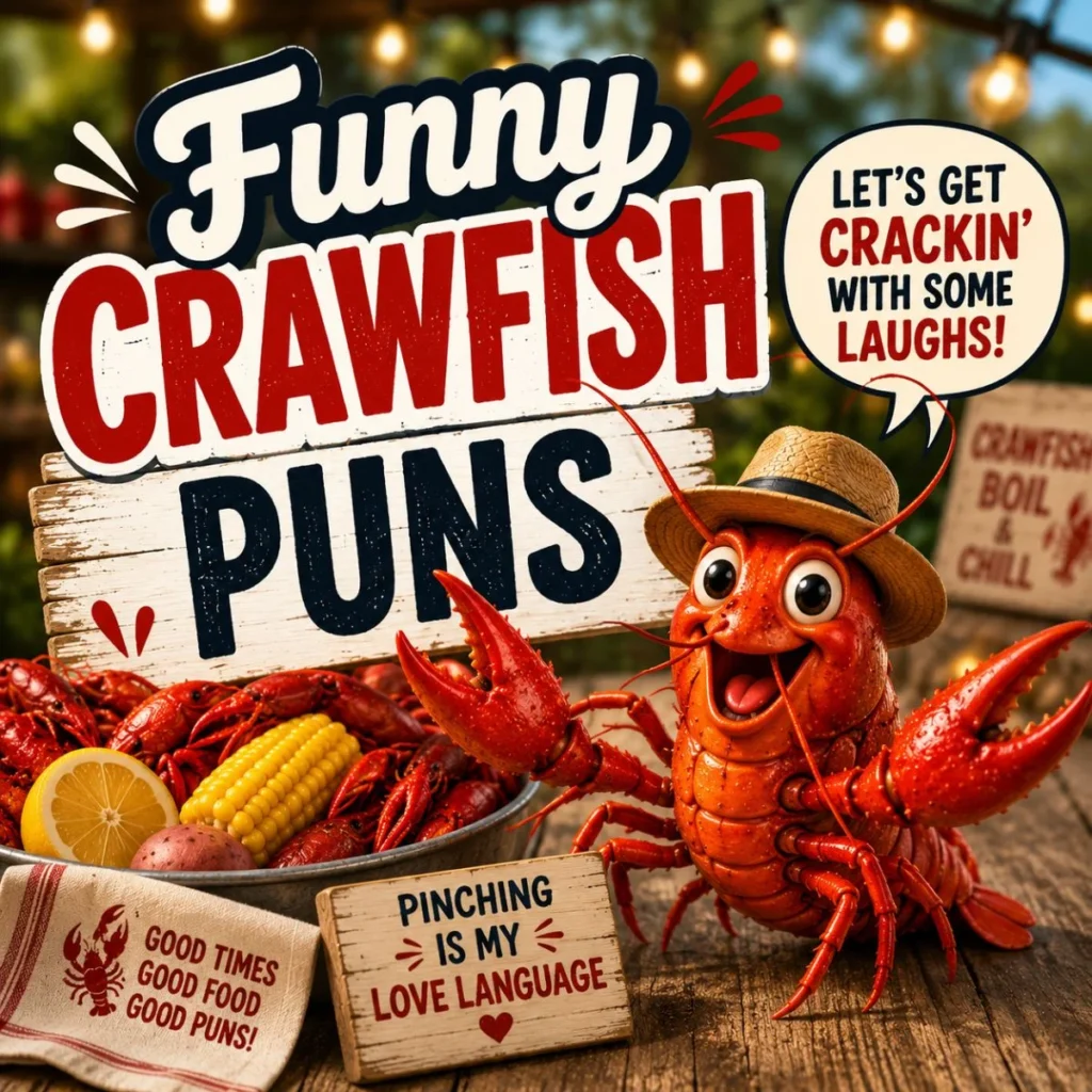 Funny Crawfish Puns illustration with a smiling crawfish, seafood boil, and playful signs for a humor article