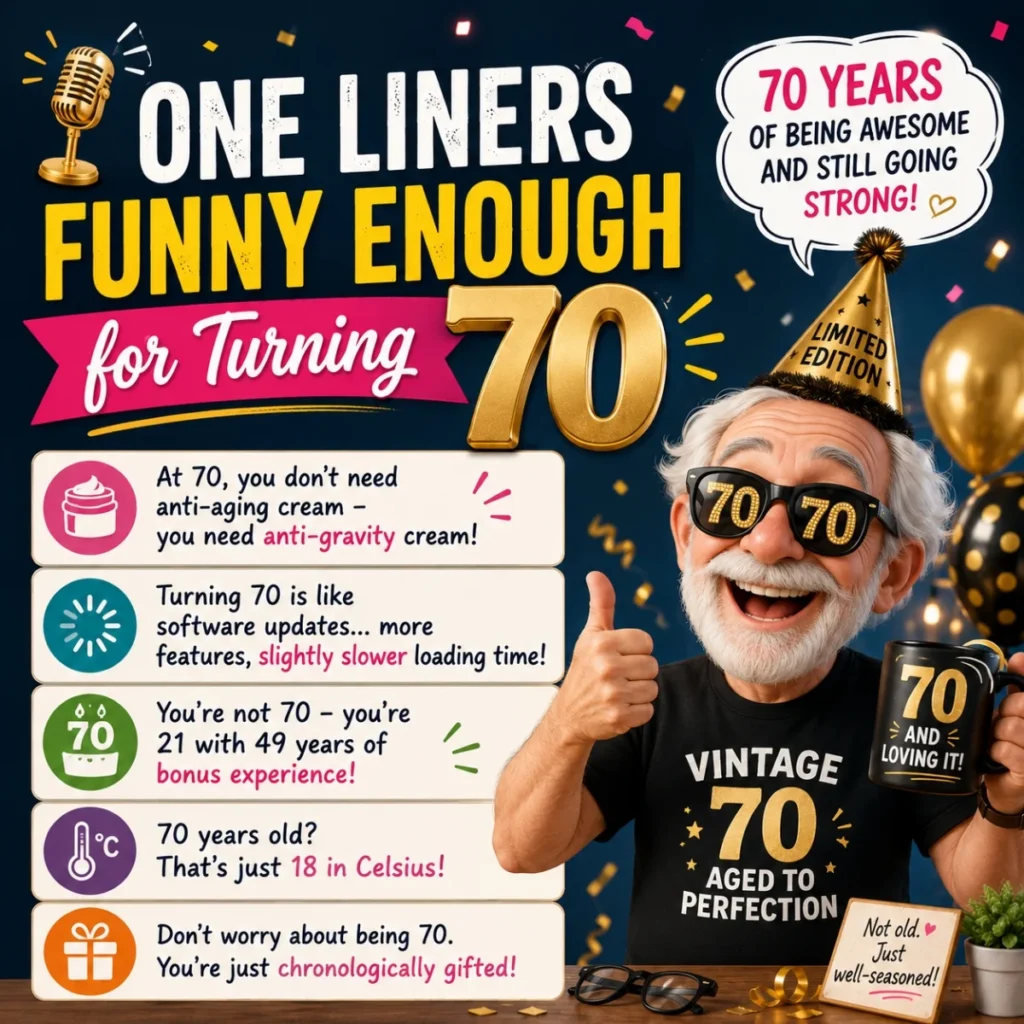 Funny turning 70 one liners with colorful birthday decorations and humorous milestone celebration theme