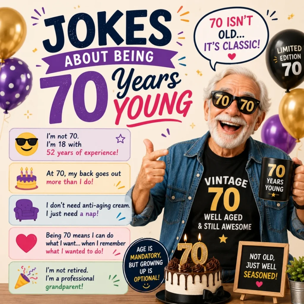 Jokes about being 70 years young with cheerful birthday humor and colorful party celebration design