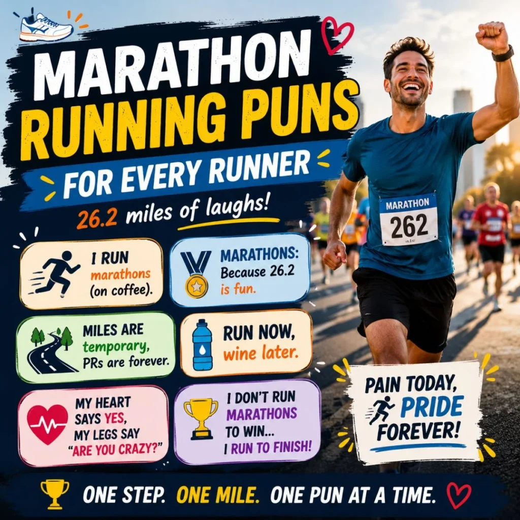 Marathon running puns poster with funny runner jokes, race humor, and a smiling marathon runner crossing the course