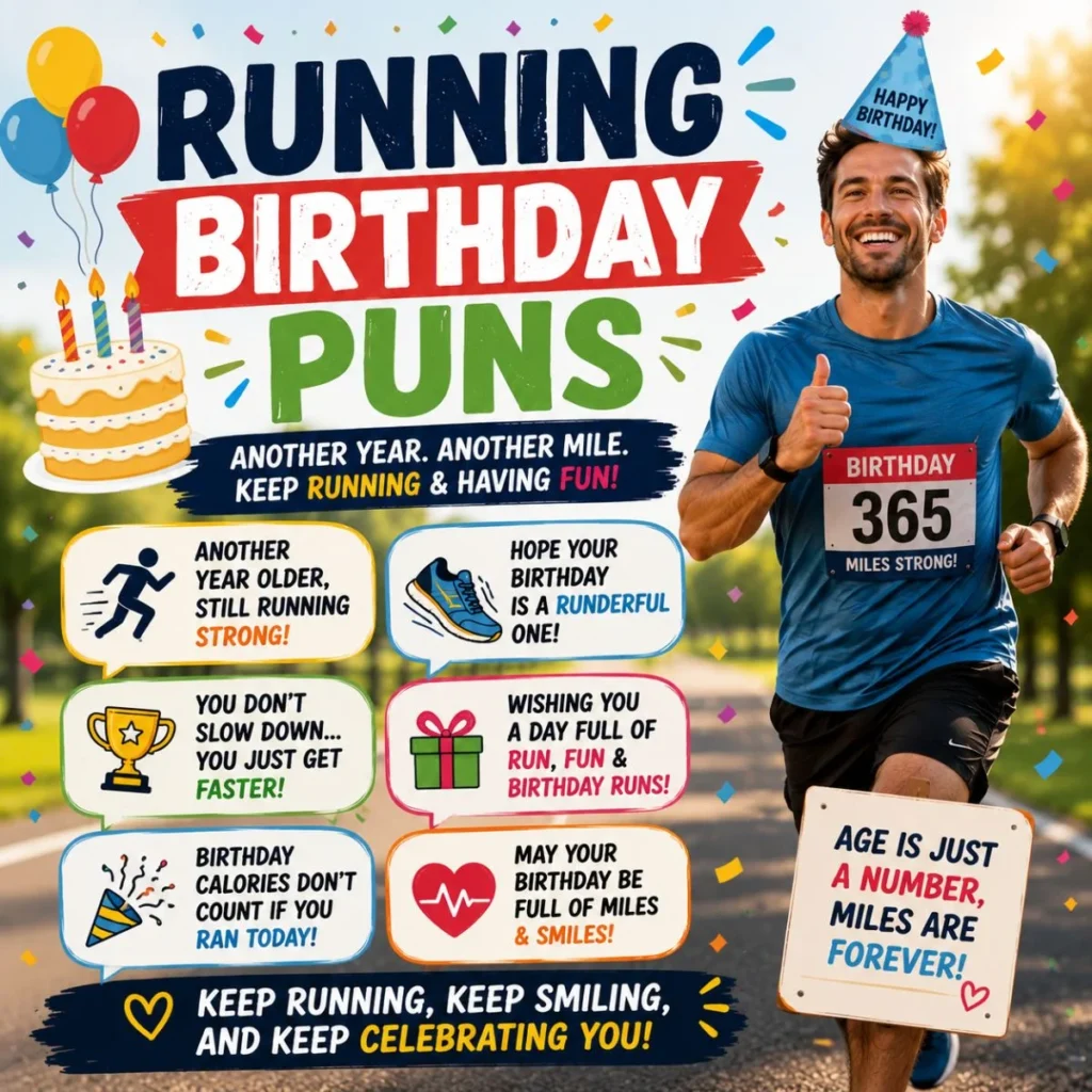 Running birthday puns poster with funny birthday jokes for runners, cake, balloons, and a smiling runner celebrating