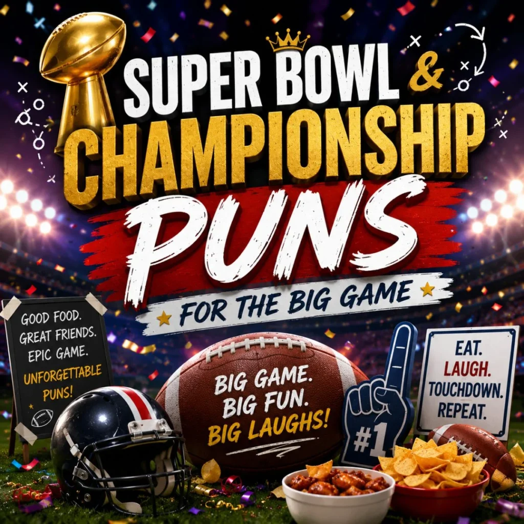 Super Bowl and championship football puns with trophy, football helmet, stadium lights, and festive game-day celebration