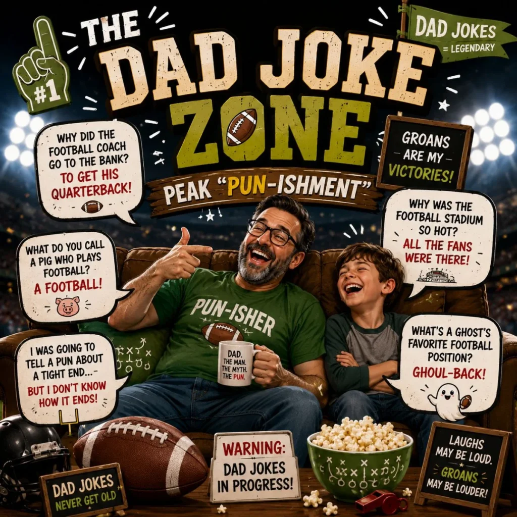 Father and son enjoying football dad jokes with football gear, funny speech bubbles, and a stadium backdrop