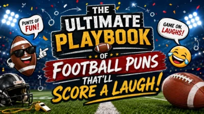 The Ultimate Playbook of Football Puns with footballs, helmet, stadium lights, and funny game-day graphics