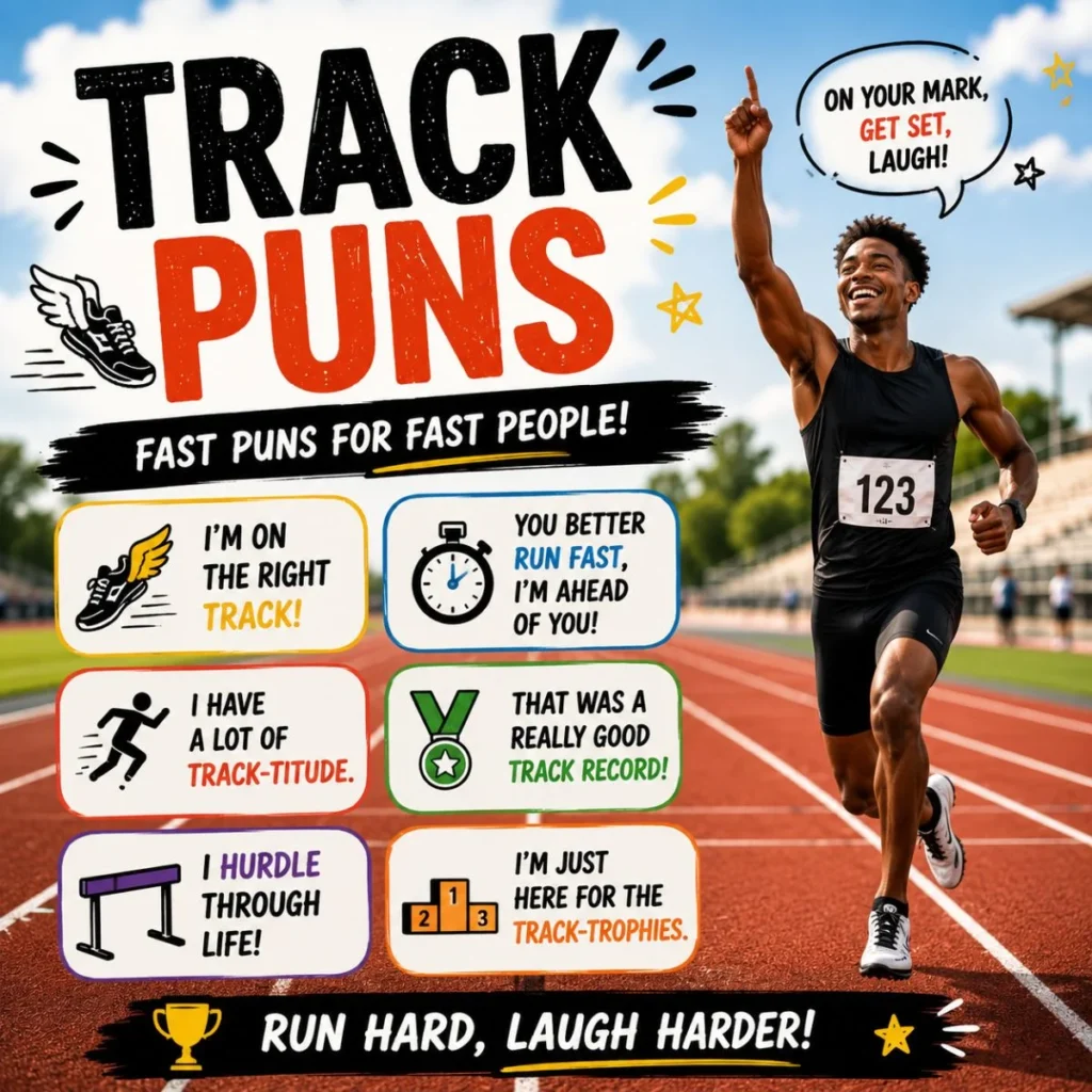 Track puns poster with funny track jokes, sprint humor, and a smiling runner on an athletics track