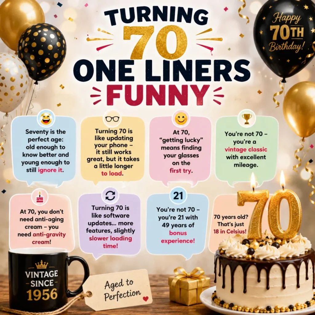 Turning 70 one liners funny with birthday cake, balloons, witty jokes, and humorous quotes for a joyful 70th celebration.
