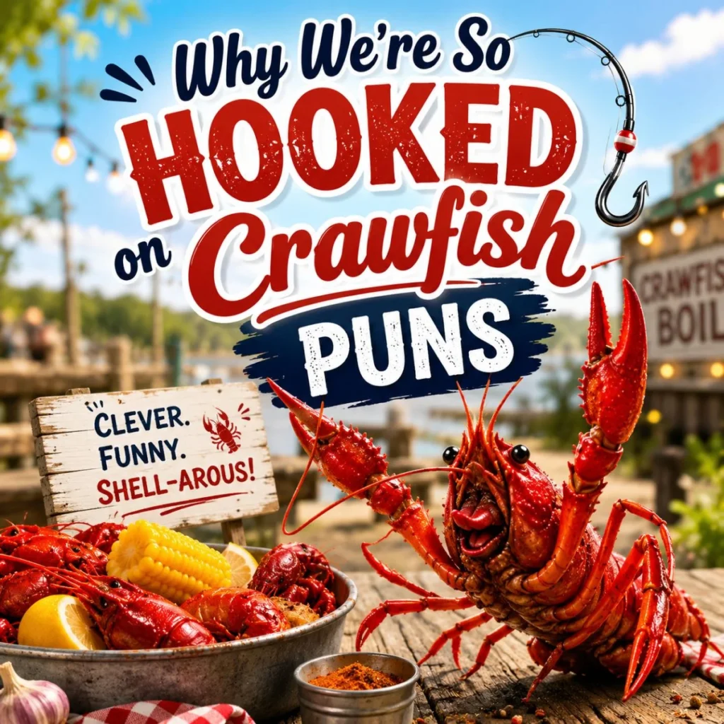 Colorful illustration explaining why crawfish puns are popular, featuring a happy crawfish, seafood boil, and playful text