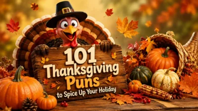 Cute Thanksgiving turkey with pumpkins, autumn leaves, and harvest decorations for a funny Thanksgiving puns collection