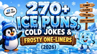 270+ funny ice puns, cold jokes, and frosty one-liners with a smiling penguin and ice cube in a snowy winter scene