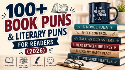 100+ book puns and literary puns image with stacked books, reading jokes, coffee mug, and cozy library setup