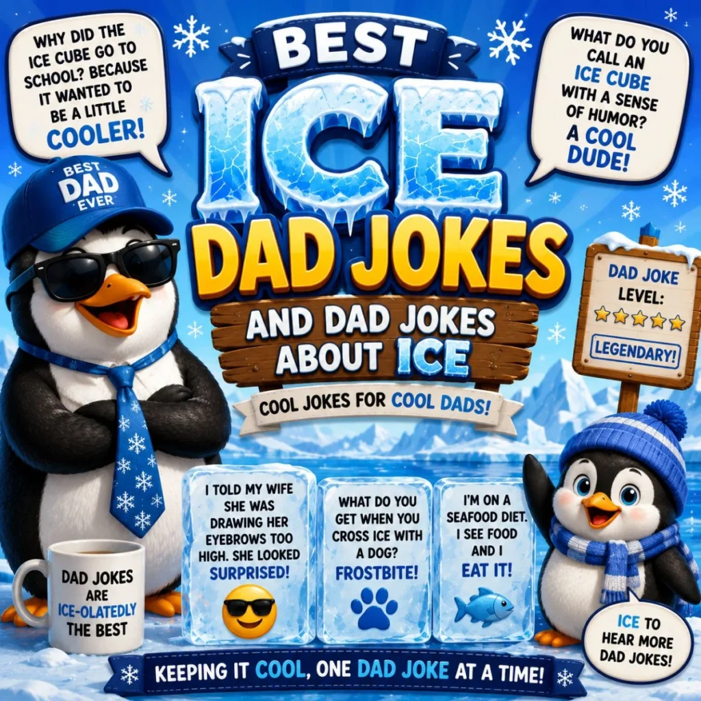 Funny ice dad jokes with cheerful penguins, icy speech bubbles, and cool winter humor in a snowy cartoon scene