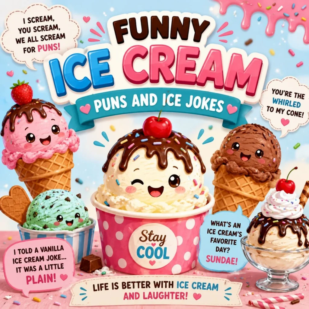 Cute cartoon ice cream cones and scoops with funny ice cream puns and ice jokes on a colorful dessert-themed background