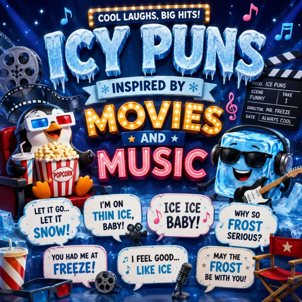 Cute penguin and ice cube with movie and music themed icy puns in a colorful cinema-inspired winter illustration