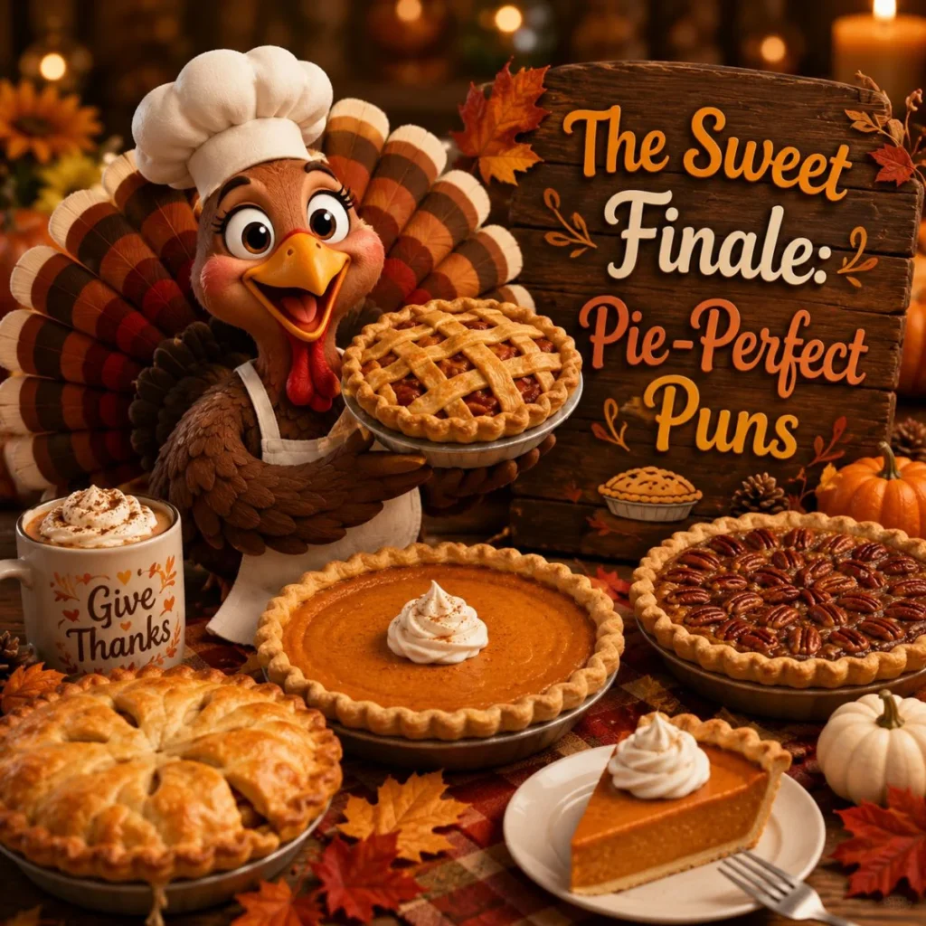 Thanksgiving pie puns with pumpkin, pecan, and apple pies in a cozy autumn holiday dessert scene