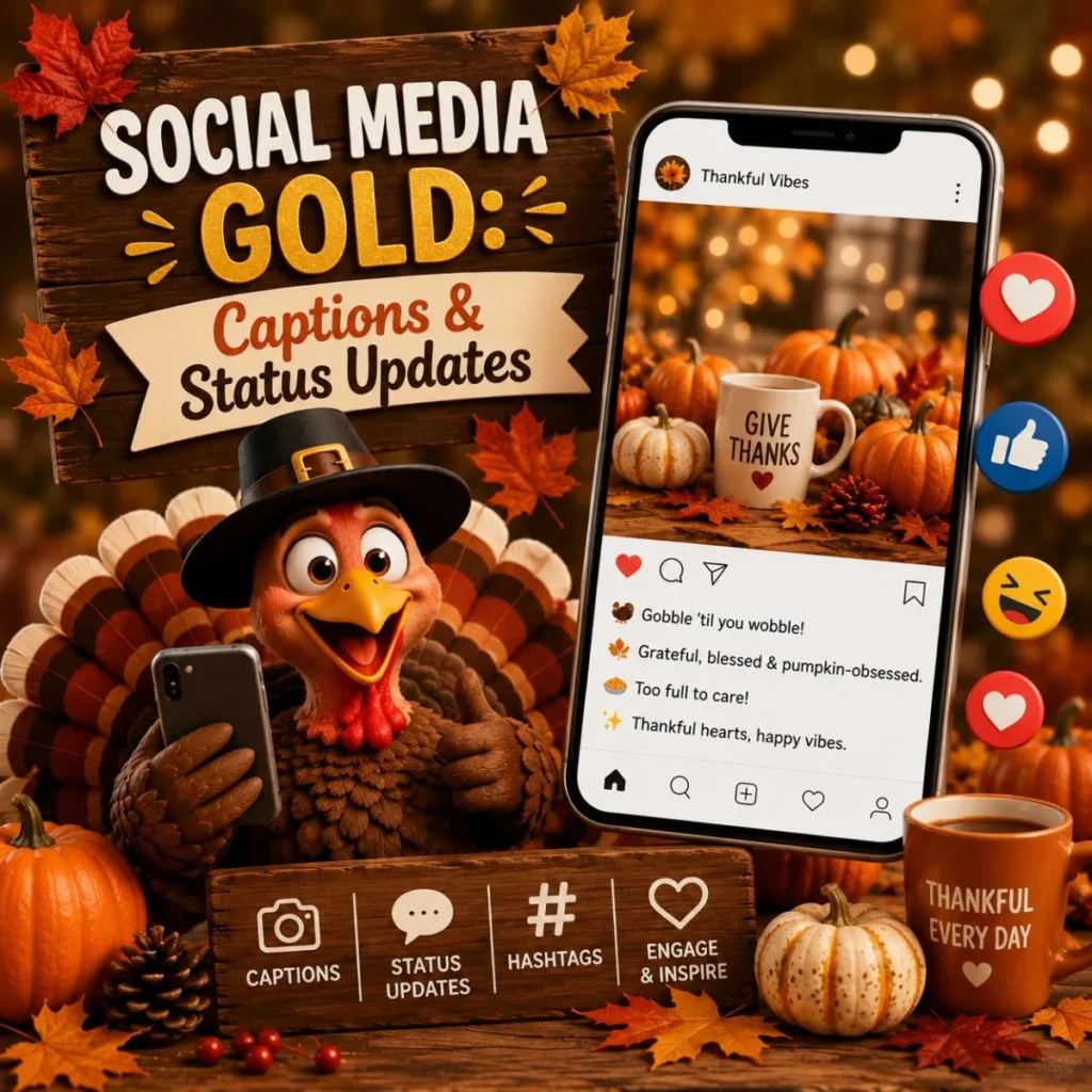 Thanksgiving social media captions and status updates with festive turkey, smartphone, pumpkins, and autumn decorations