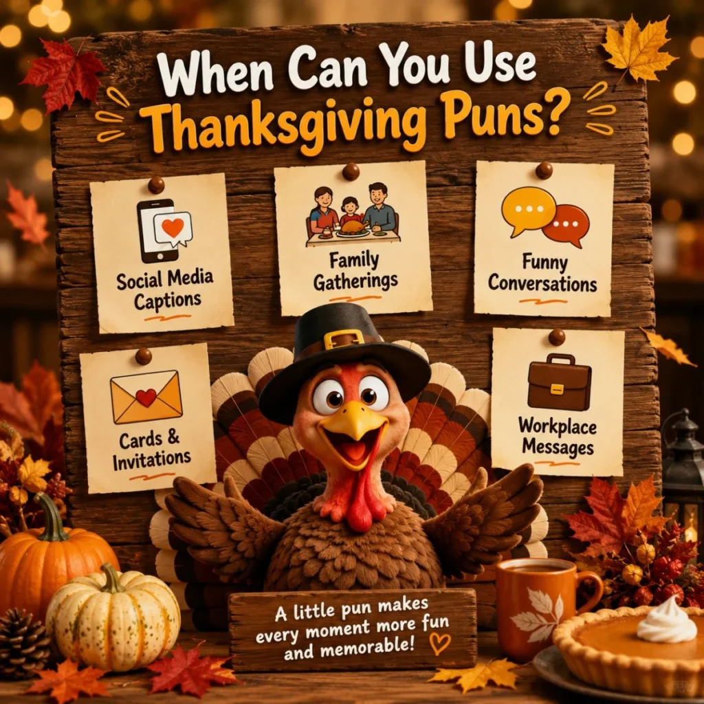 Thanksgiving puns ideas for social media, family gatherings, greeting cards, and holiday conversations with a festive turkey