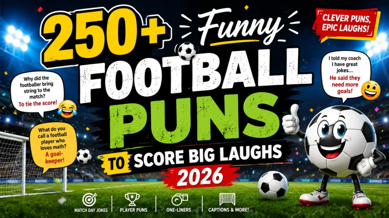 250+ funny football puns with a cartoon soccer ball, stadium background, and hilarious football jokes for 2026