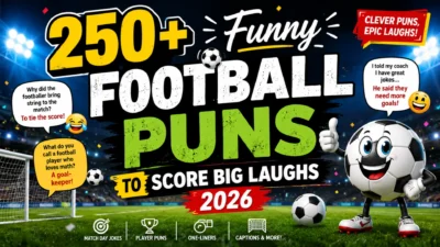 250+ funny football puns with a cartoon soccer ball, stadium background, and hilarious football jokes for 2026