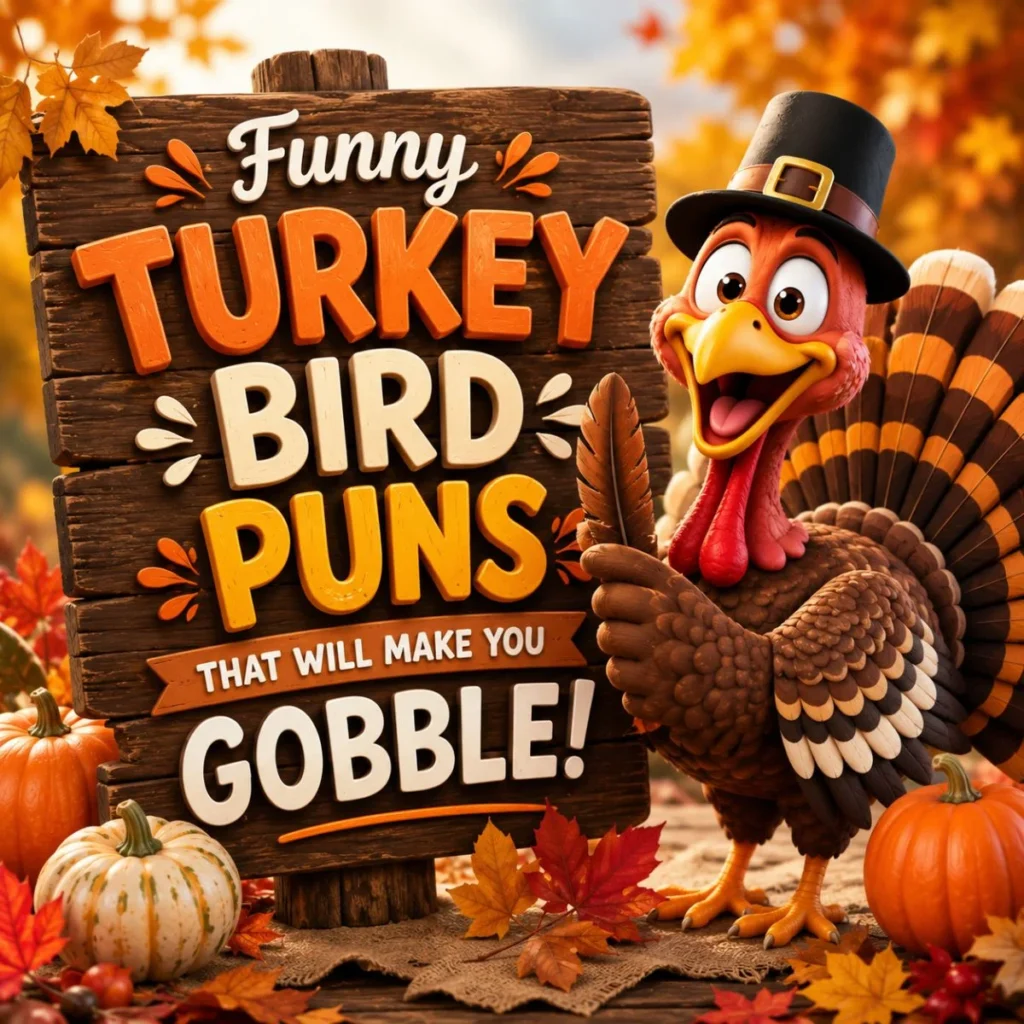 Funny turkey bird puns illustration with a smiling cartoon turkey, pumpkins, autumn leaves, and festive Thanksgiving theme