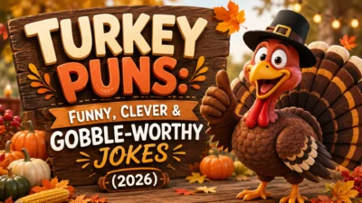 Funny turkey puns featured image with a cheerful cartoon turkey, pumpkins, autumn leaves, and Thanksgiving theme (2026)