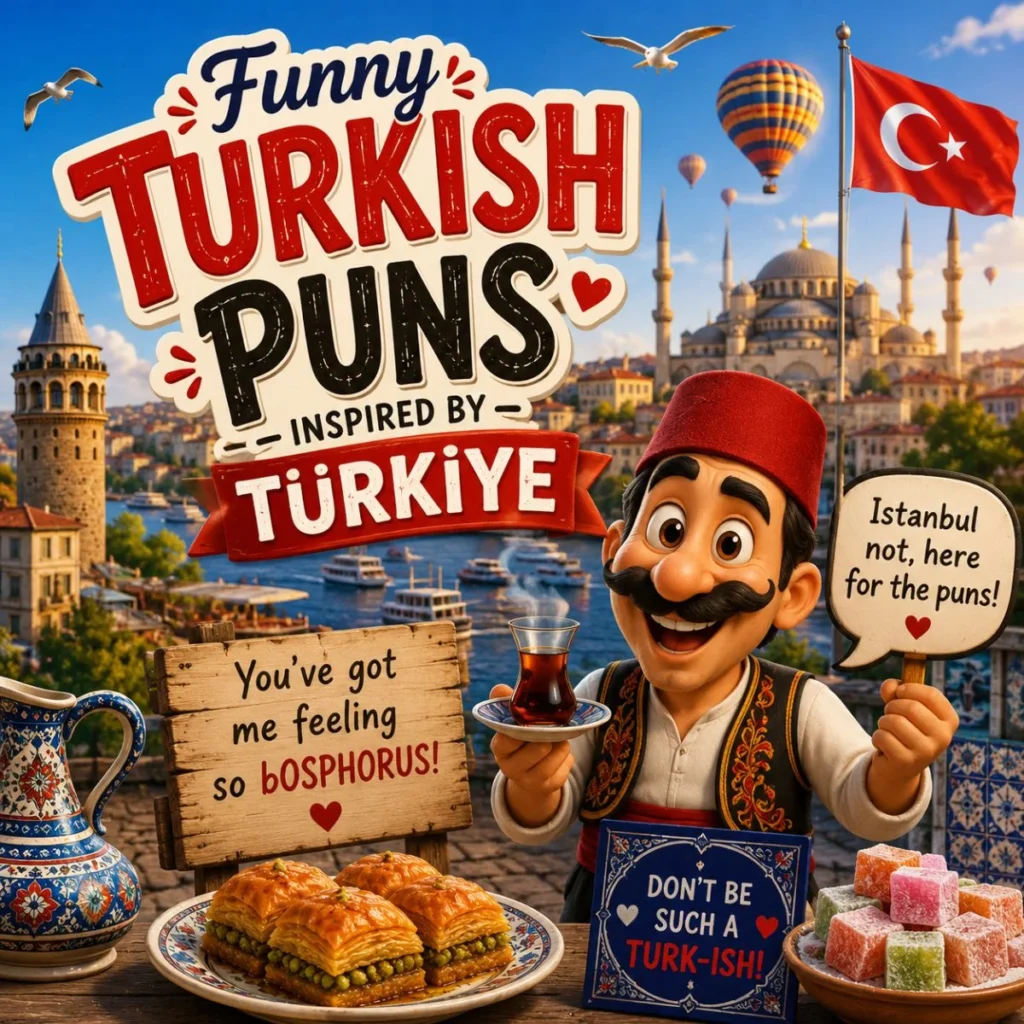 Funny Turkish puns illustration with Istanbul landmarks, Turkish tea, baklava, hot air balloons, and Türkiye travel theme