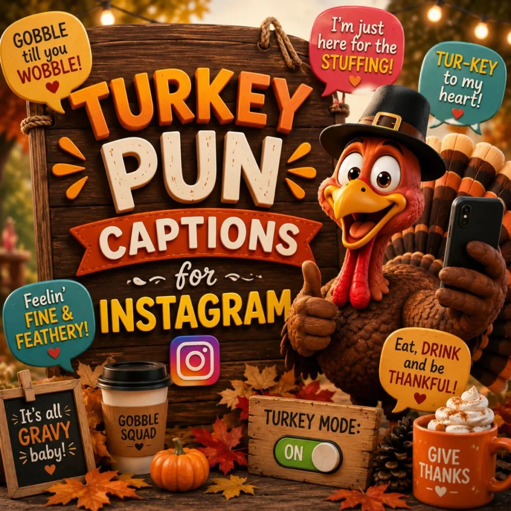 Turkey pun captions for Instagram with a cheerful cartoon turkey, autumn leaves, pumpkins, and Thanksgiving theme