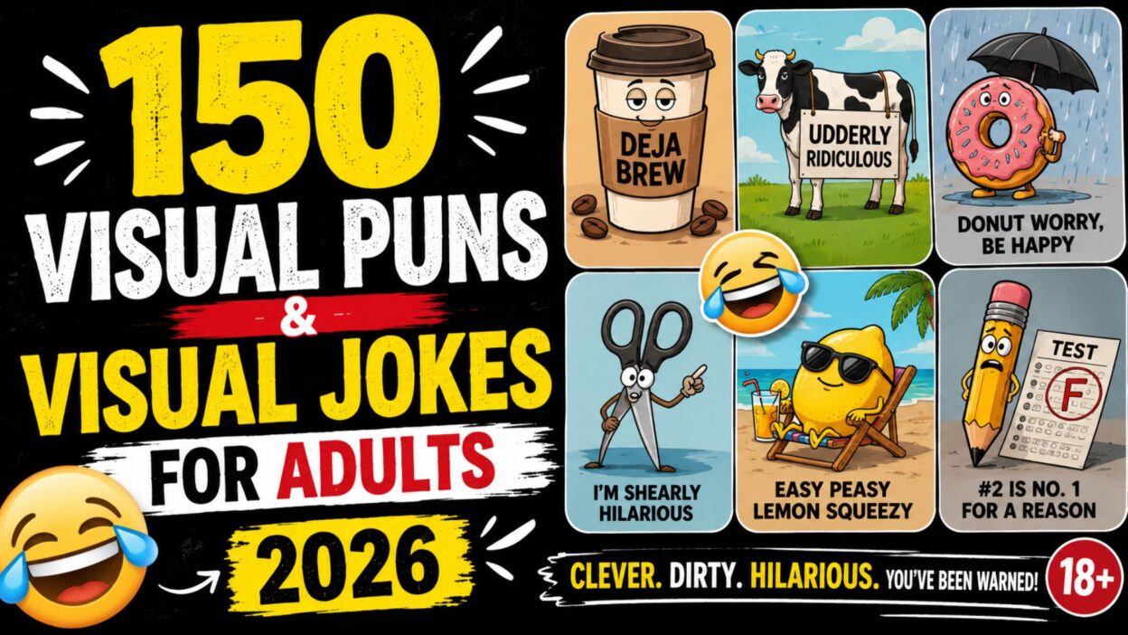 150 visual puns and visual jokes for adults with funny illustrations and colorful comedy design for 2026