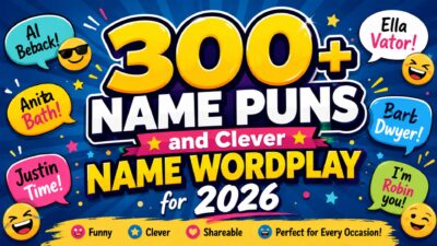 Colorful 300+ name puns and clever name wordplay banner with funny jokes and playful speech bubbles for 2026
