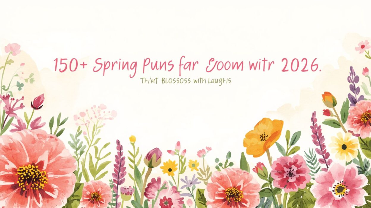 Colorful spring puns illustration with blooming flowers, sunshine, butterflies, and funny seasonal text for 2026