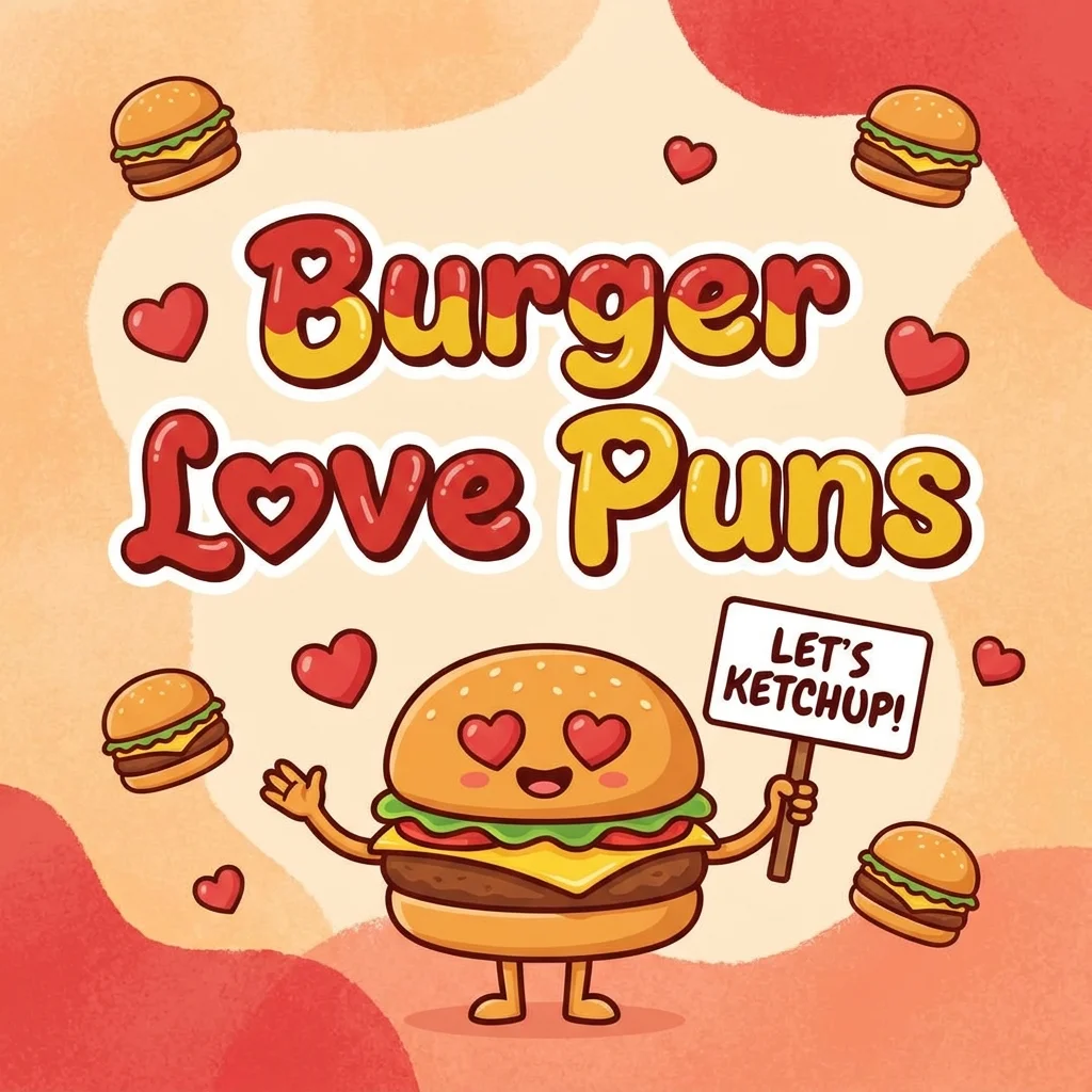 Burger love puns with cute, romantic, and funny burger-themed wordplay ideas