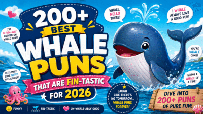 Cartoon whale with ocean background promoting 200+ best whale puns and jokes for 2026 with fun marine-themed humor