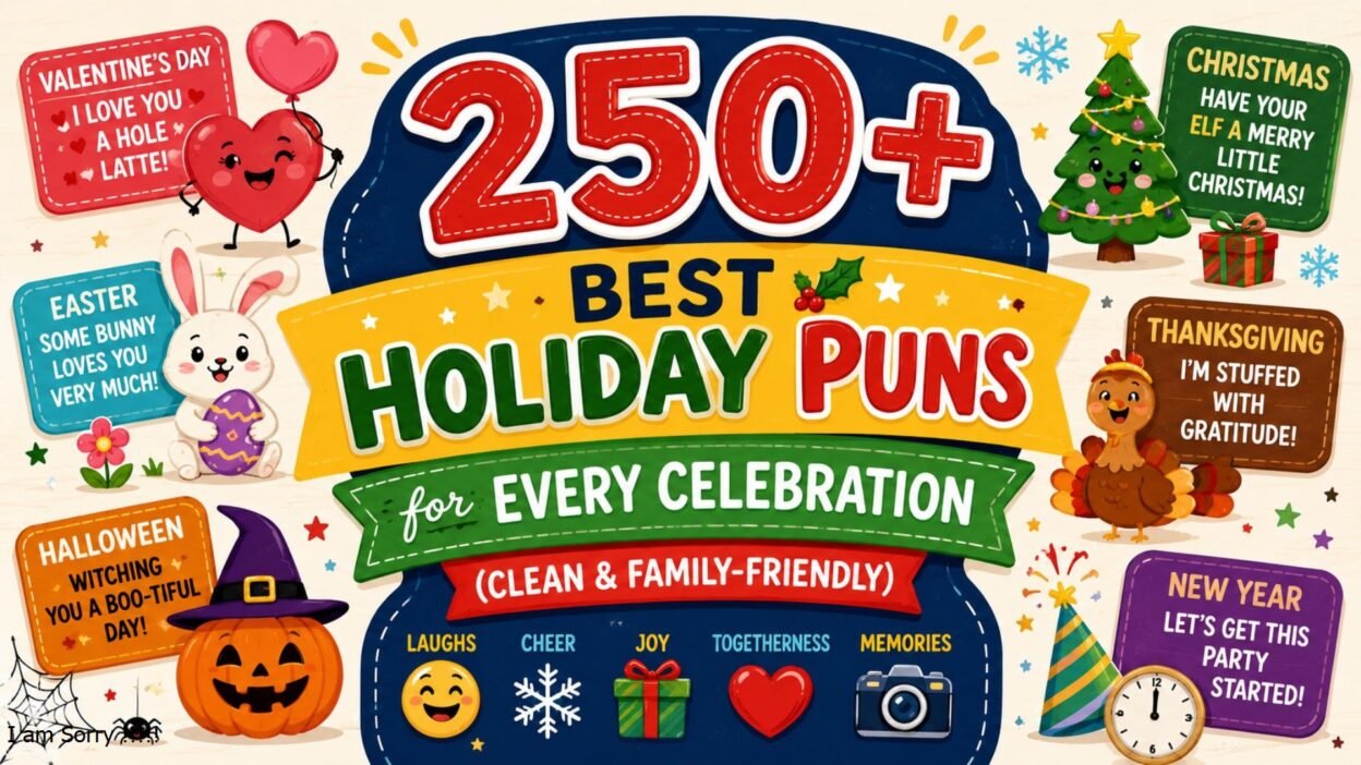 250+ best holiday puns for every celebration featuring Christmas, Halloween, Easter, Thanksgiving, and New Year fun.
