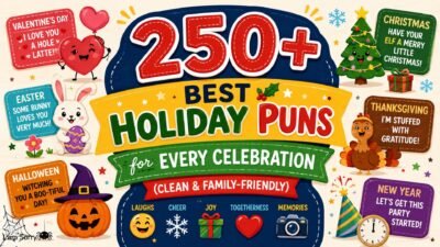 250+ best holiday puns for every celebration featuring Christmas, Halloween, Easter, Thanksgiving, and New Year fun.