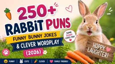 Cute bunny with carrots and funny rabbit puns text, colorful SEO banner for rabbit jokes and clever wordplay