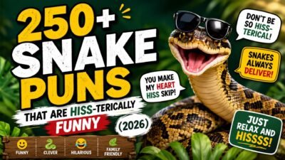 Funny snake puns featured image with cartoon snakes and humorous hiss-terical jokes for 2026